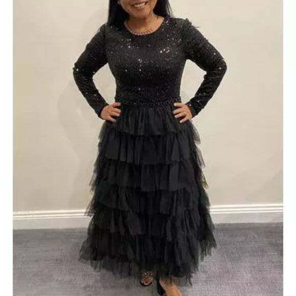 MAC DUGGAL Sequined Layered Tulle A-Line Cocktail Dress in Black Size US 6 - Picture 1 of 10